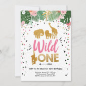 Wild One Safari Gold Girl Pink Animals Geburtstag Einladung (Vorderseite)