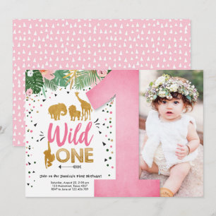 Wild One Safari Gold Girl Pink Animals Geburtstag Einladung