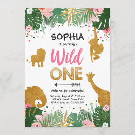 Wild One Safari Gold Girl Rosa Tiere Geburtstag Einladung