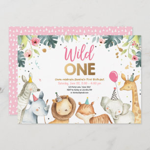 Wild One Safari Gold Girl Tiere Geburtstagsparty Einladung
