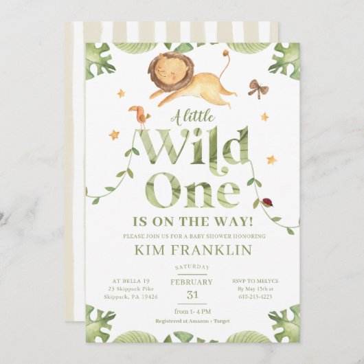 Wild One Safari Green Gender Neutral Baby Shower Einladung (Vorne/Hinten)