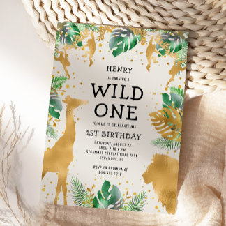 Wild One Safari Green Gold Ecru 1. Geburtstag Einladung