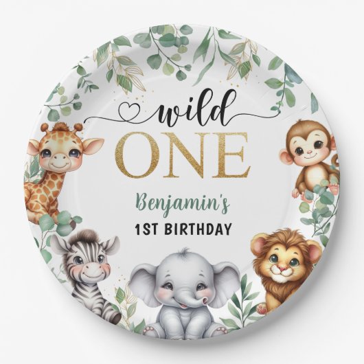 Wild One | Safari Jungle Animals 1. Geburtstag Pappteller (Vorderseite)