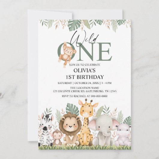 Wild One Safari Jungle Animals 1st Birthday Einladung (Vorderseite)
