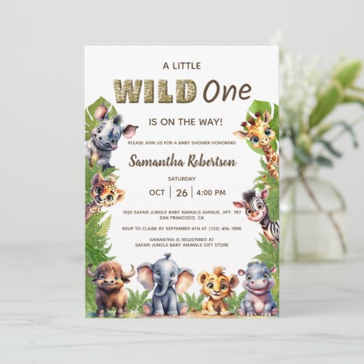 Wild one Safari Jungle Animals Baby Shower Einladung (Stehend Vorderseite)