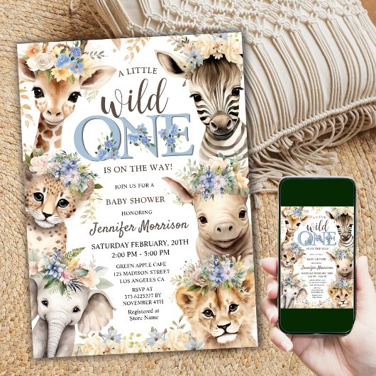Wild One Safari Jungle Animals Boy Baby Shower Einladung