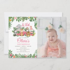 Wild One Safari Jungle First Birthday Baby Girl Einladung