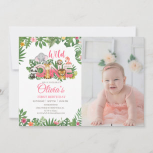Wild One Safari Jungle First Birthday Baby Girl Einladung