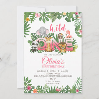 Wild One Safari Jungle First Birthday Baby Girl Einladung