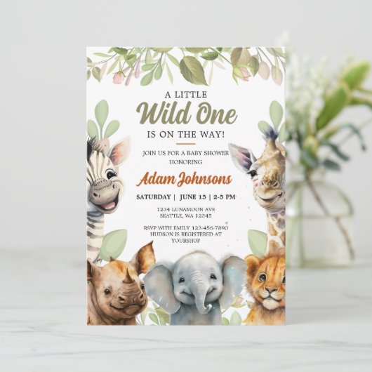 Wild One Safari Jungle Floral Baby Shower Einladung (Stehend Vorderseite)