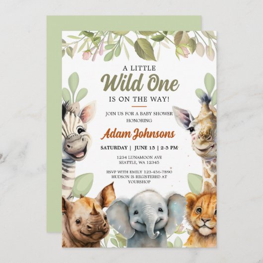 Wild One Safari Jungle Floral Baby Shower Einladung (Vorne/Hinten)