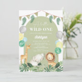 Wild One Safari Jungle Greenery Boy Baby Shower Einladung (Stehend Vorderseite)