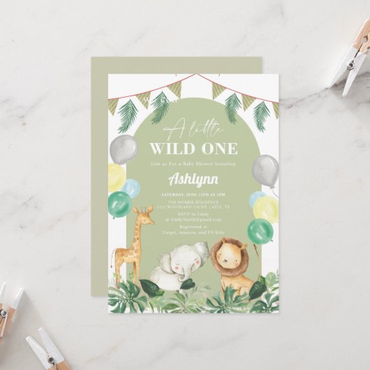 Wild One Safari Jungle Greenery Boy Baby Shower Einladung (Vorderseite/Rückseite Beispiel)