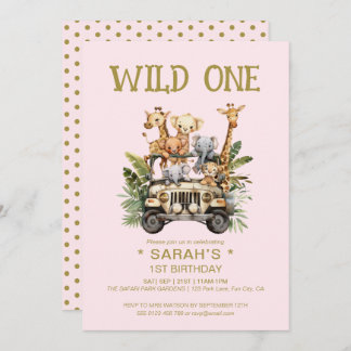 Wild One Safari Jungle Pink 1. Geburtstag Einladung
