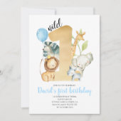 Wild One Safari Jungle Tiere Gold Grüne Niedlich Einladung (Vorderseite)