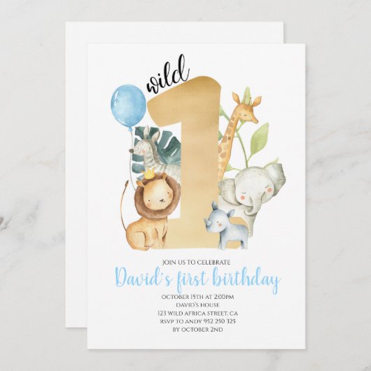Wild One Safari Jungle Tiere Gold Grüne Niedlich Einladung (Vorne/Hinten)