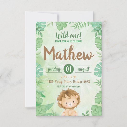 Wild One Safari Lion Invitation (Vorderseite)