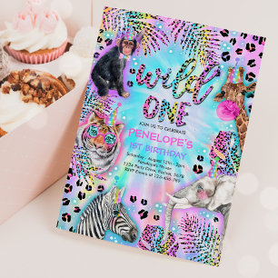 Wild One Safari Neon Rainbow Cheetah Birthday Einladung