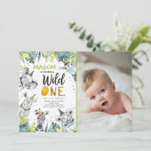 Wild One Safari Party Animals Boy First Birthday I Einladung (Stehend Vorderseite)