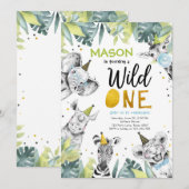 Wild One Safari Party Animals Boy First Geburtstag Einladung (Vorne/Hinten)
