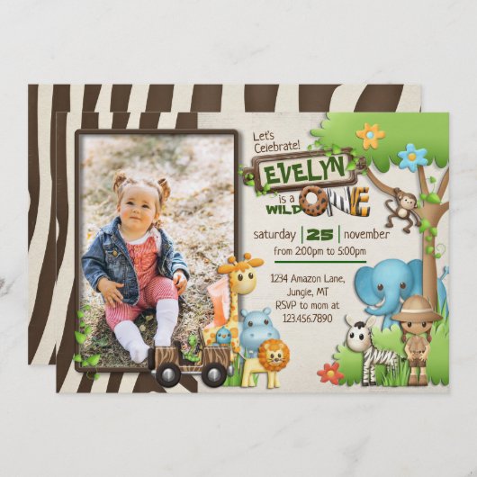 Wild One Safari Photo Birthday for girl Einladung (Vorne/Hinten)
