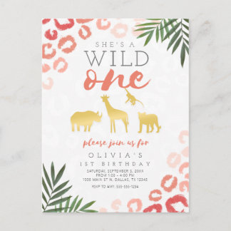 Wild One Safari Pink und Gold 1. Geburtstag Postkarte