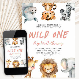 Wild One Safari-Thema Mädchen Erster Geburtstag Pa Einladung