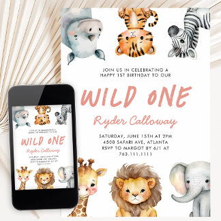 Wild One Safari-Thema Mädchen Erster Geburtstag Pa Einladung