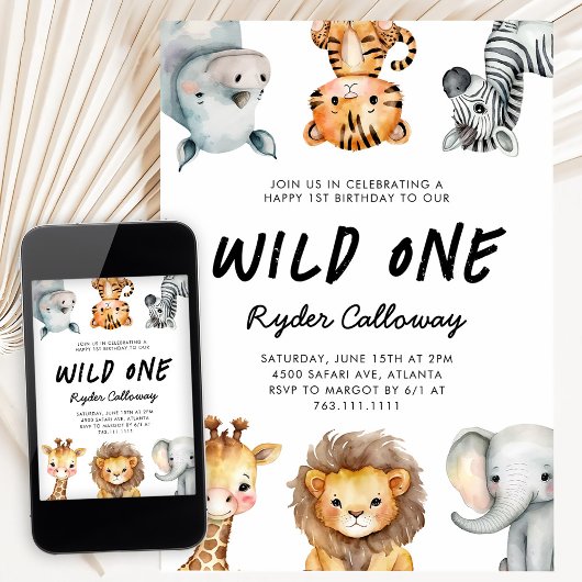 Wild One Safari Theme First Birthday Party Einladung