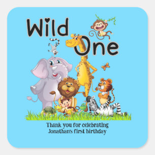 Wild One Safari-Tiere 1. Geburtstag Cartoon-Einlad Quadratischer Aufkleber