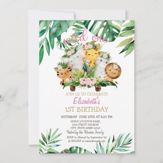 Wild-One-Safari-Tiere, Blätter 1. Geburtstag Einladung (Vorderseite)