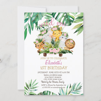 Wild-One-Safari-Tiere, Blätter 1. Geburtstag Einladung