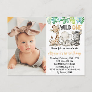 Wild One Safari-Tiere Geburtstags-Foto-Einladung  Postkarte