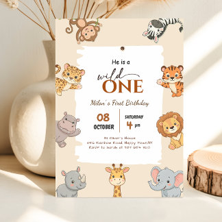 Wild One Safari-Tiere Jungen 1. Geburtstagsfeier Einladung