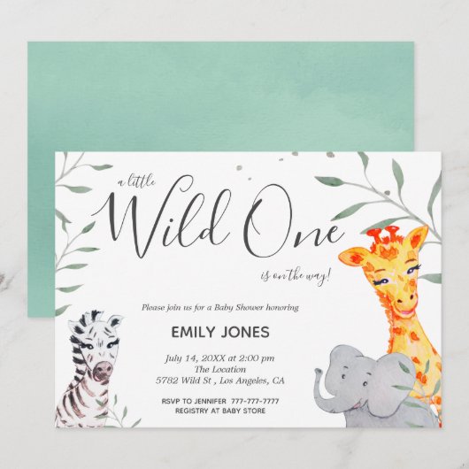 Wild One Safari Watercolor Kinderdusche Einladung (Vorne/Hinten)