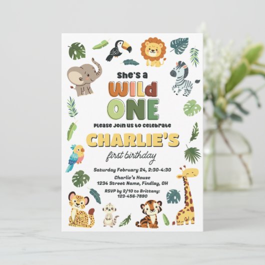 Wild One Safari Zoo Animal Birthday Party, Mädchen Einladung (Stehend Vorderseite)