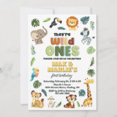 Wild One Safari Zoo Animal Birthday Party, Twins Einladung (Vorderseite)