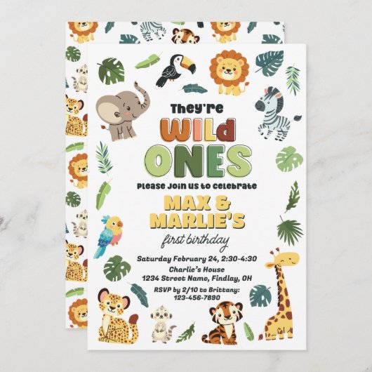 Wild One Safari Zoo Animal Birthday Party, Twins Einladung (Vorne/Hinten)