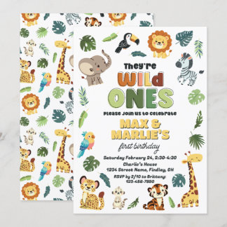 Wild One Safari Zoo Animal Birthday Party, Twins Einladung