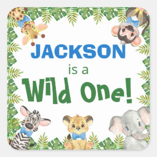 Wild One Safari Zoo Animals Boy First Geburtstag Quadratischer Aufkleber