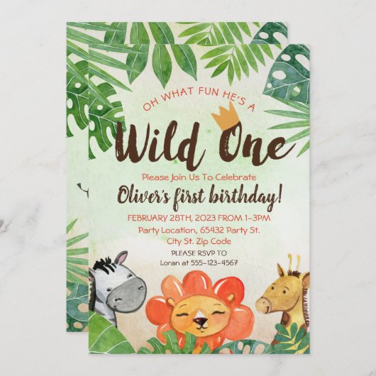 Wild One, Safari zum ersten Geburtstag Einladung (Vorne/Hinten)