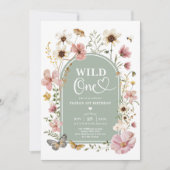 Wild One: Sage Green Wildflower First Birthday Einladung (Vorderseite)