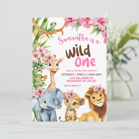 Wild One Savannah Safari Thema Girl Erstgeburt Einladung (Stehend Vorderseite)