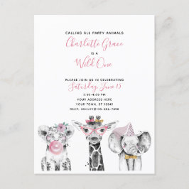 Wild One Schwarz-weiß Pink Girl's Birthday Party Einladungspostkarte