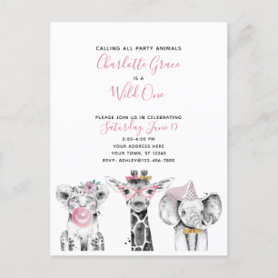 Wild One Schwarz-weiß Pink Girl's Birthday Party Einladungspostkarte