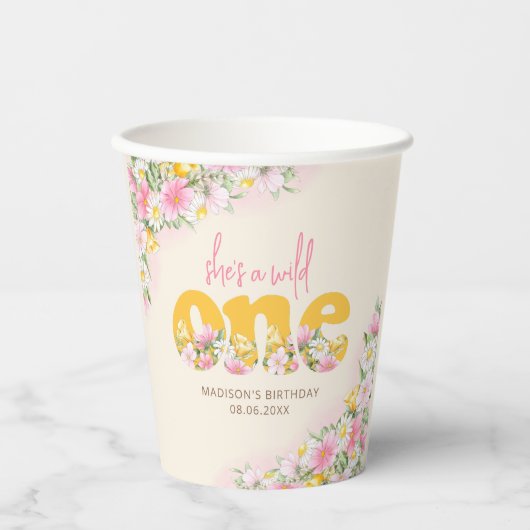 Wild One Senf & Pink Wildblume Geburtstag Pappbecher (Vorderseite)