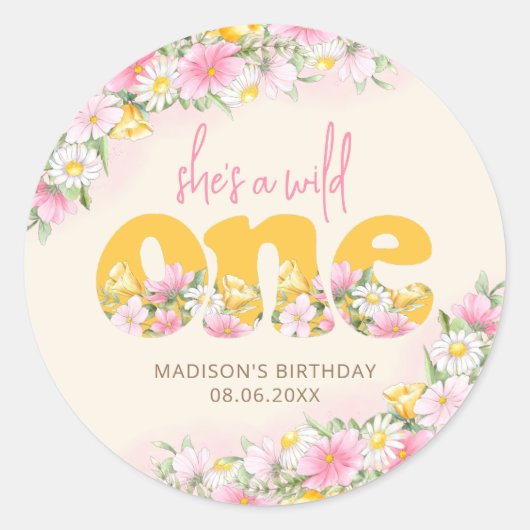 Wild One Senf & Pink Wildblume Geburtstag Runder Aufkleber (Vorderseite)
