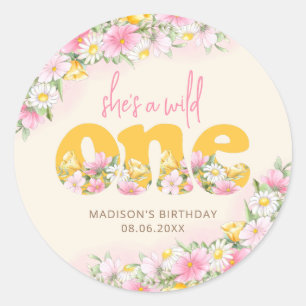 Wild One Senf- und rosa Wildblumen-Geburtstag Runder Aufkleber