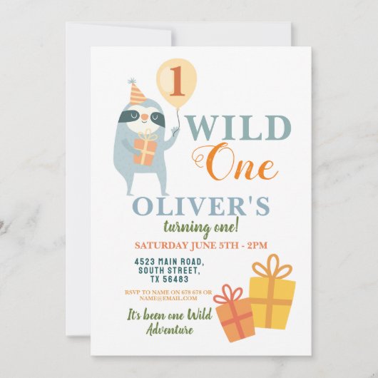 Wild One Sloth Birthday Erste Party Einladung (Vorderseite)