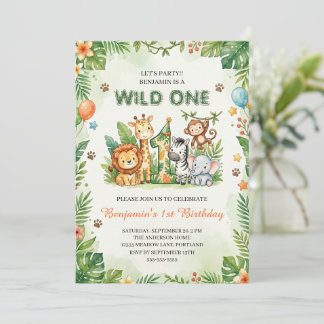 Wild One Süße Dschungeltiere Kinder 1. Geburtstag  Einladung
